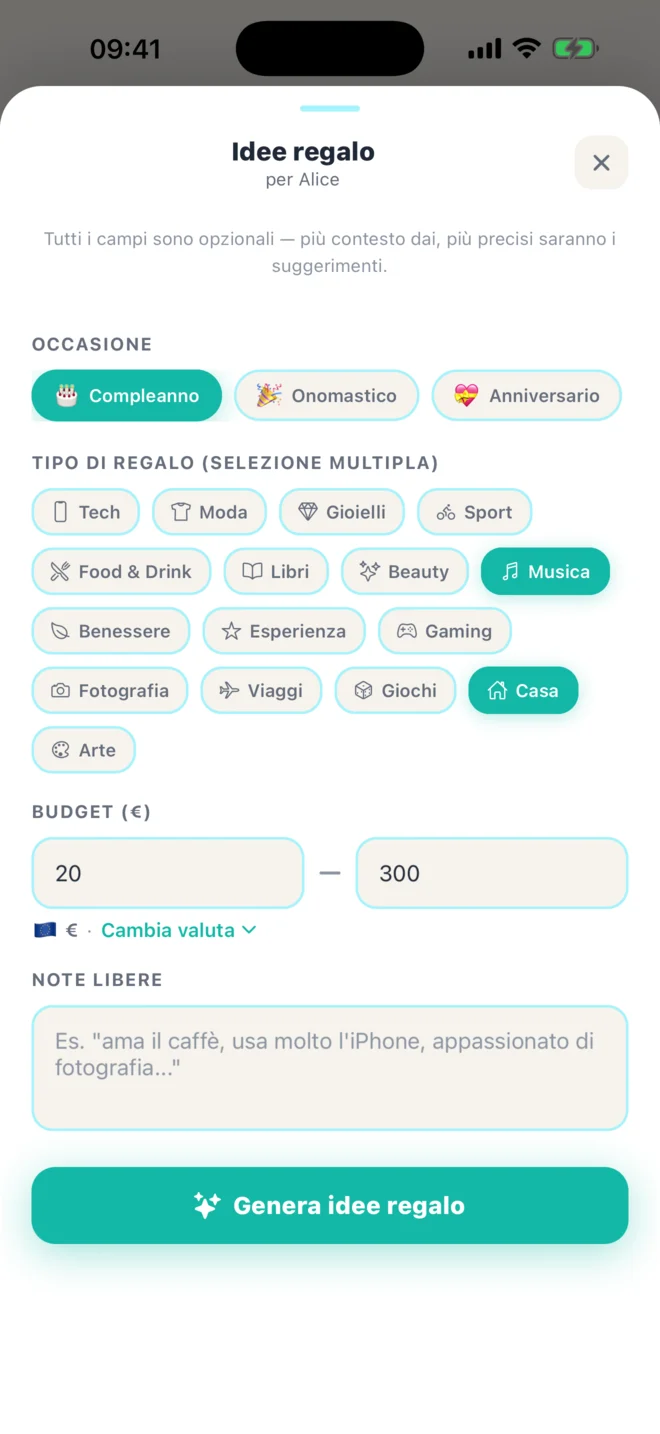 Occasione, tipo di regalo, budget e note: tu scegli, l'AI propone